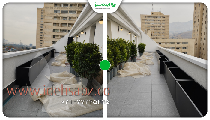 نمونه کار | استقرار فلاور باکسهای خطی در تراس مجتمع آتی ساز