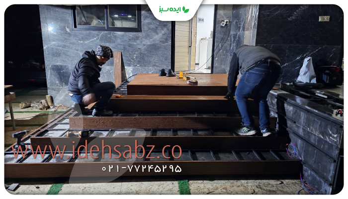 نمونه کار | ایجاد شاسی کشی و نصب تایل ترموود برای پله ویلای چمستان